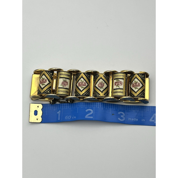 Vintage Damascene Link Bracelet Floral Pink Roses Black & Gold Tone Panels Chain - Picture 9 of 10
